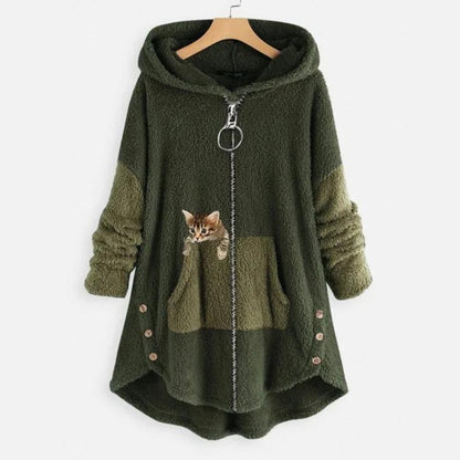 Comfortable Hooded Fleece Jacket for Women Zip-Up High-Low