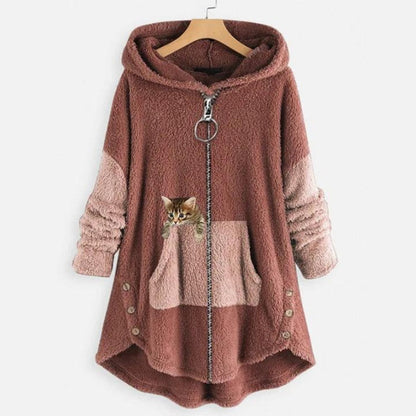 Comfortable Hooded Fleece Jacket for Women Zip-Up High-Low