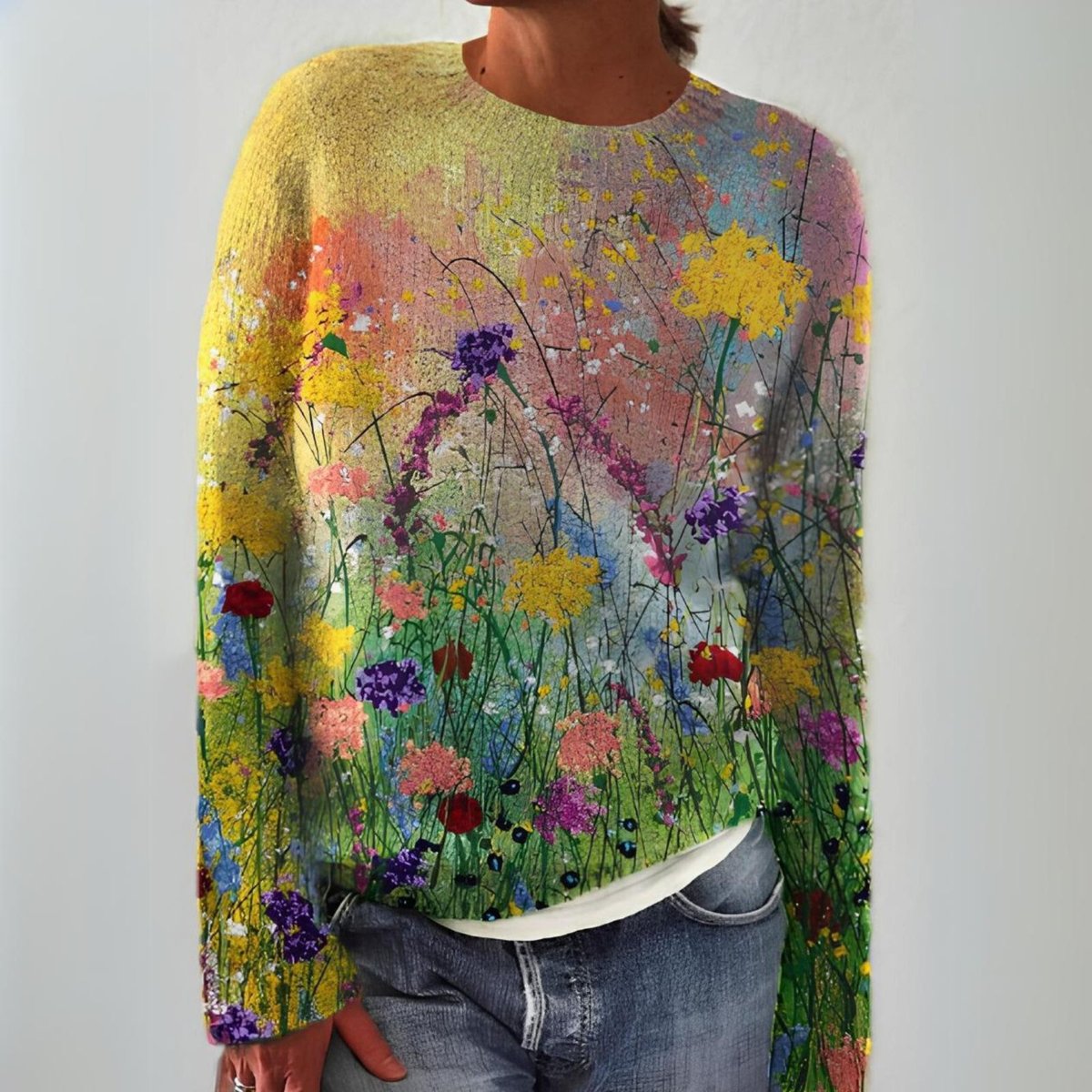 Stylish Pullover Sweater for Women Floral-Print Long-Sleeve
