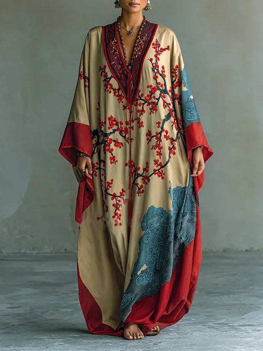 Elegant Maxi Dress for Women Batwing Floral-Print Long-Sleeve