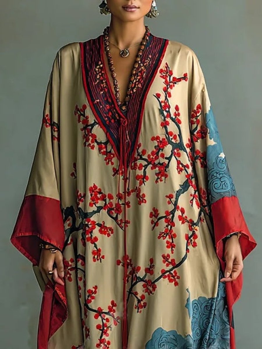 Elegant Maxi Dress for Women Batwing Floral-Print Long-Sleeve