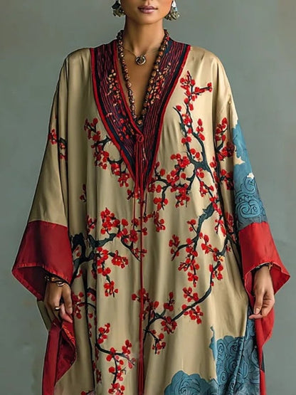 Elegant Maxi Dress for Women Batwing Floral-Print Long-Sleeve