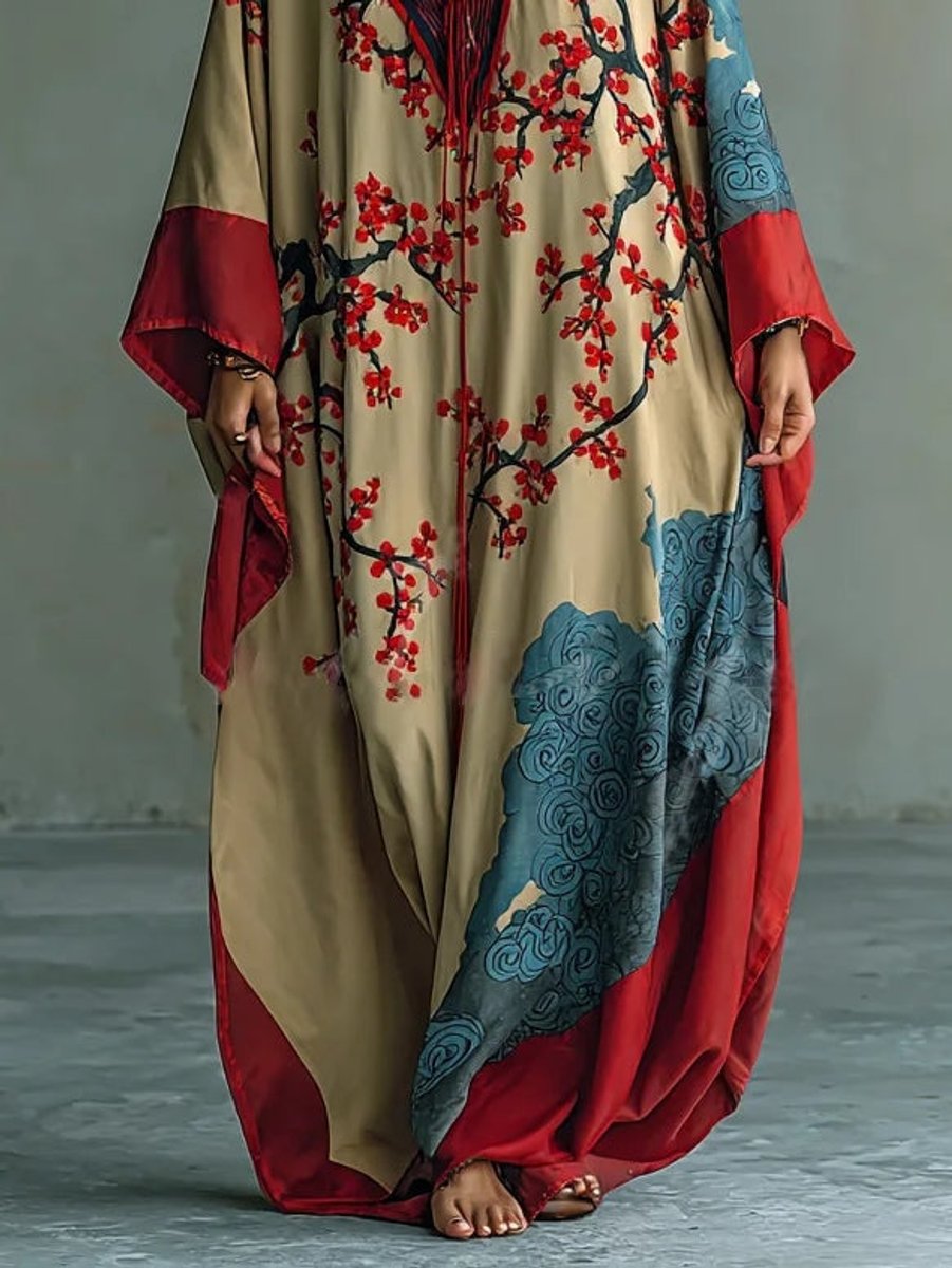 Elegant Maxi Dress for Women Batwing Floral-Print Long-Sleeve