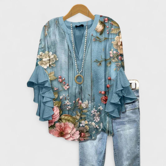 Effortless Blouse for Women Ruffle-Sleeve V-Neck Floral-Print