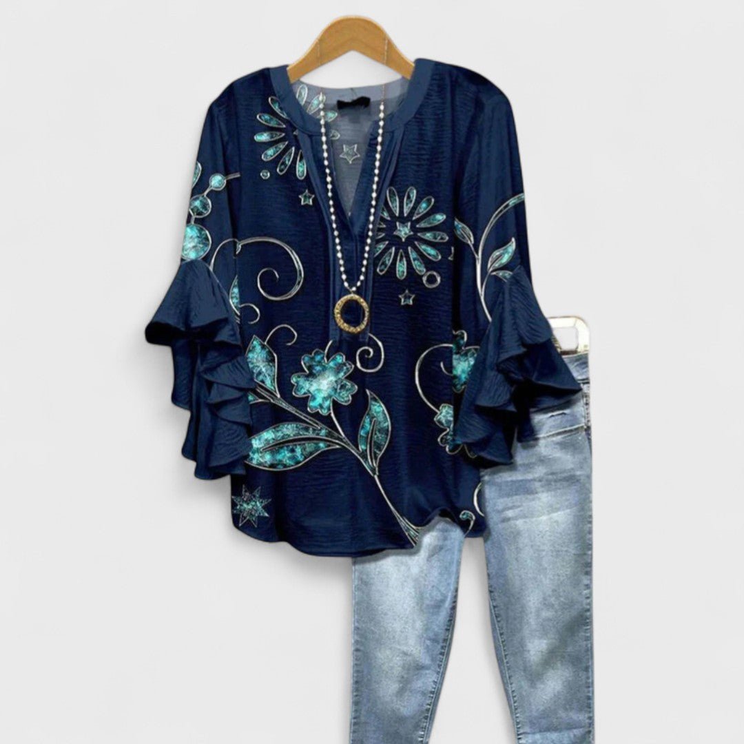 Effortless Blouse for Women Ruffle-Sleeve V-Neck Floral-Print