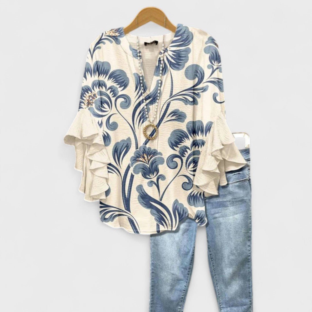 Effortless Blouse for Women Ruffle-Sleeve V-Neck Floral-Print