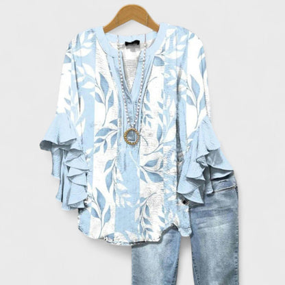 Effortless Blouse for Women Ruffle-Sleeve V-Neck Floral-Print