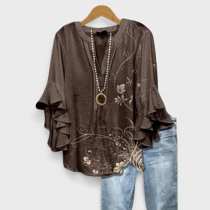 Effortless Blouse for Women Ruffle-Sleeve V-Neck Floral-Print