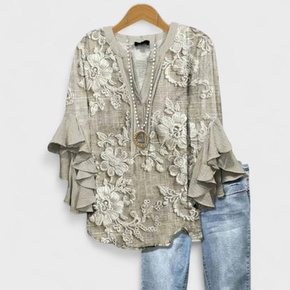 Effortless Blouse for Women Ruffle-Sleeve V-Neck Floral-Print