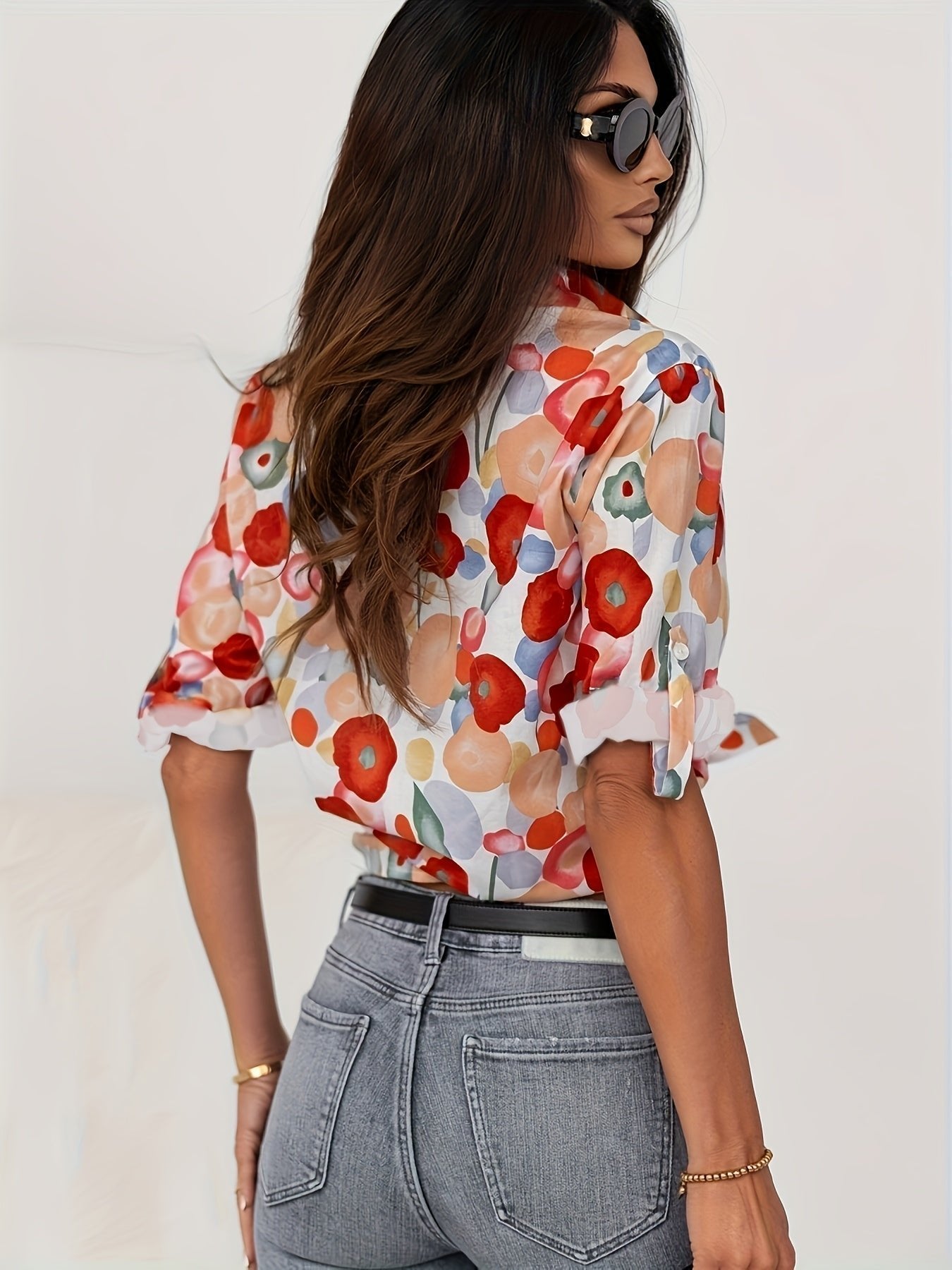 Effortless Blouse for Women Button-Down Long-Sleeve Floral-Print
