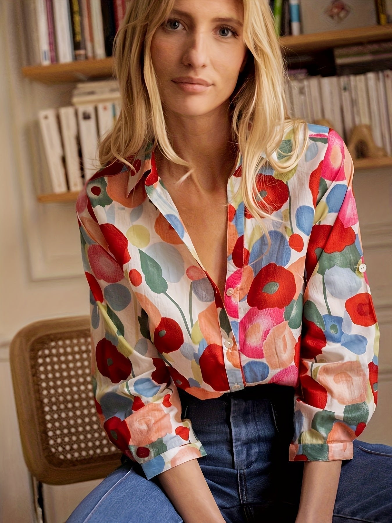 Effortless Blouse for Women Button-Down Long-Sleeve Floral-Print