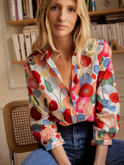 Effortless Blouse for Women Button-Down Long-Sleeve Floral-Print