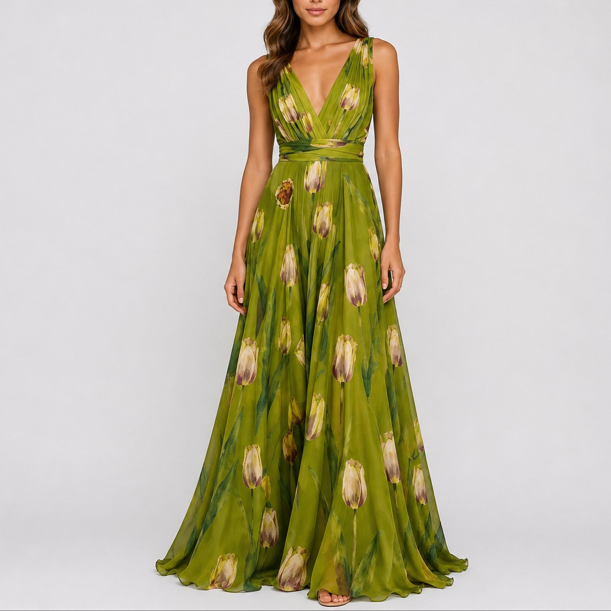 Elegant Maxi Dress for Women V-Neck Chiffon Floral-Print