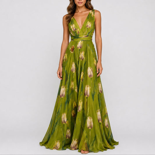 Elegant Maxi Dress for Women V-Neck Chiffon Floral-Print