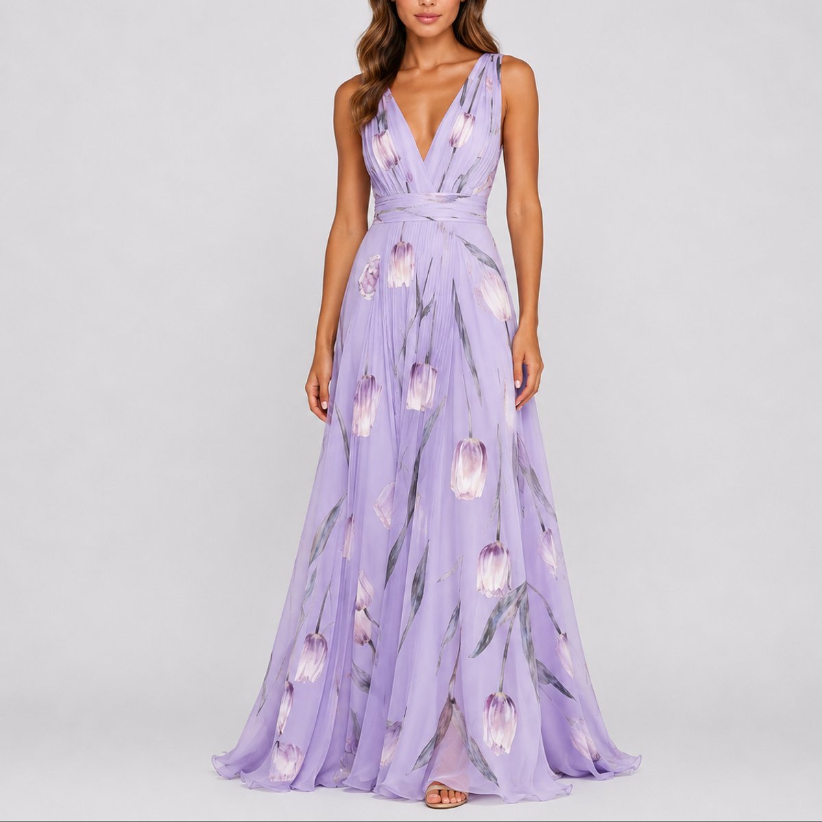 Elegant Maxi Dress for Women V-Neck Chiffon Floral-Print