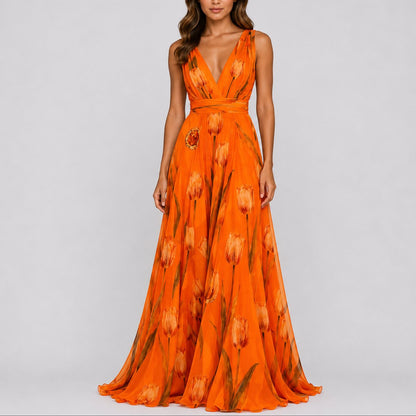 Elegant Maxi Dress for Women V-Neck Chiffon Floral-Print