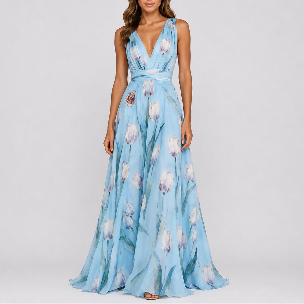 Elegant Maxi Dress for Women V-Neck Chiffon Floral-Print