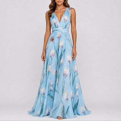 Elegant Maxi Dress for Women V-Neck Chiffon Floral-Print