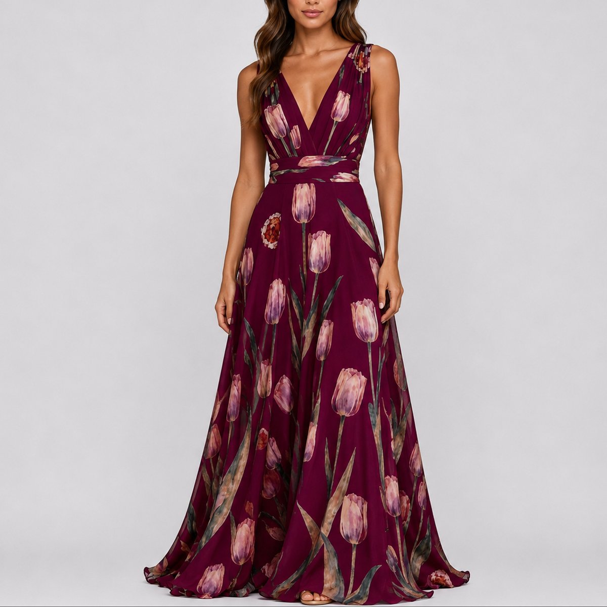 Elegant Maxi Dress for Women V-Neck Chiffon Floral-Print