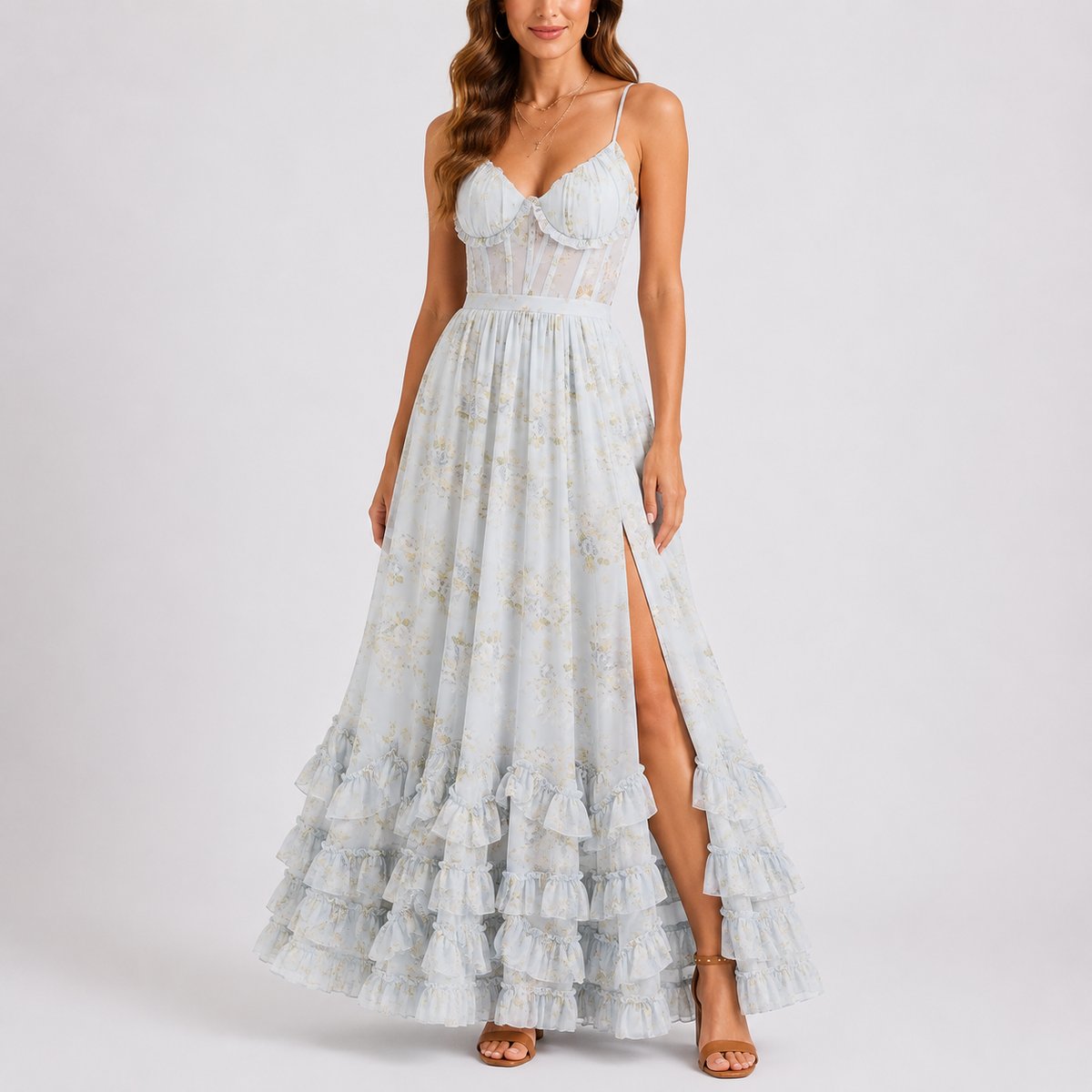 Elegant Maxi Dress for Women Corset Floral-Print Ruffled
