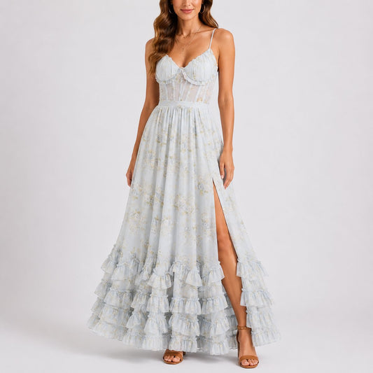 Elegant Maxi Dress for Women Corset Floral-Print Ruffled