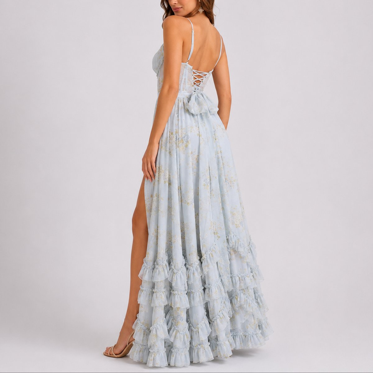 Elegant Maxi Dress for Women Corset Floral-Print Ruffled