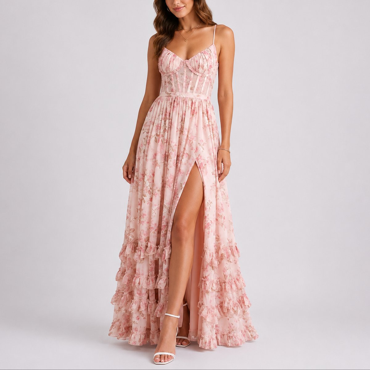 Elegant Maxi Dress for Women Corset Floral-Print Ruffled