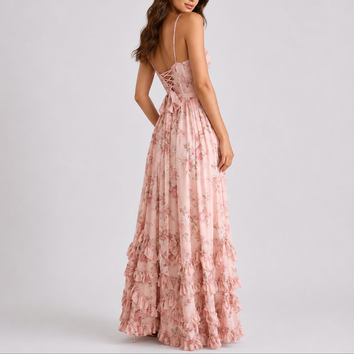Elegant Maxi Dress for Women Corset Floral-Print Ruffled