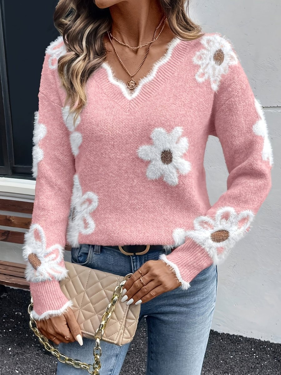 Stylish Pullover Sweater for Women V-Neck Daisy-Print