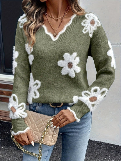 Stylish Pullover Sweater for Women V-Neck Daisy-Print