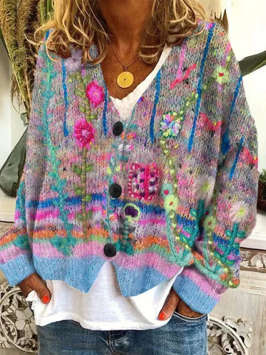 Stylish Cardigan for Women Button-Front Floral-Embroidered