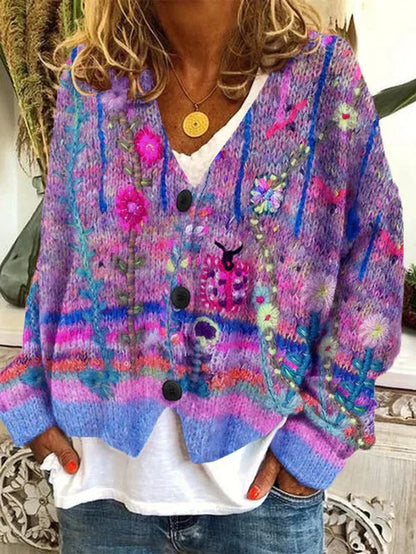 Stylish Cardigan for Women Button-Front Floral-Embroidered