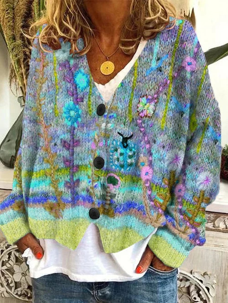 Stylish Cardigan for Women Button-Front Floral-Embroidered