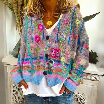 Elegant Cardigan for Women Floral-Embroidered Button-Front