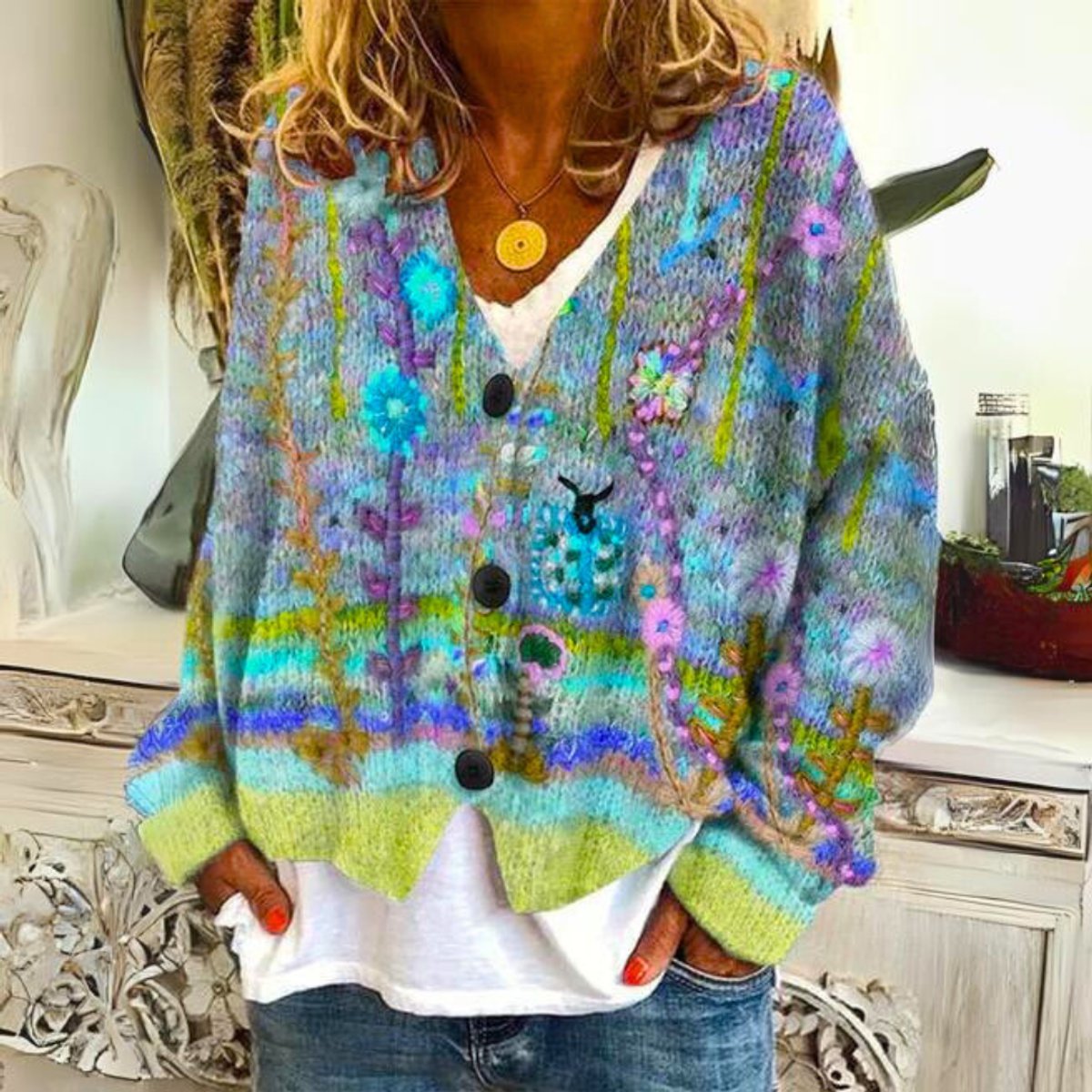 Elegant Cardigan for Women Floral-Embroidered Button-Front