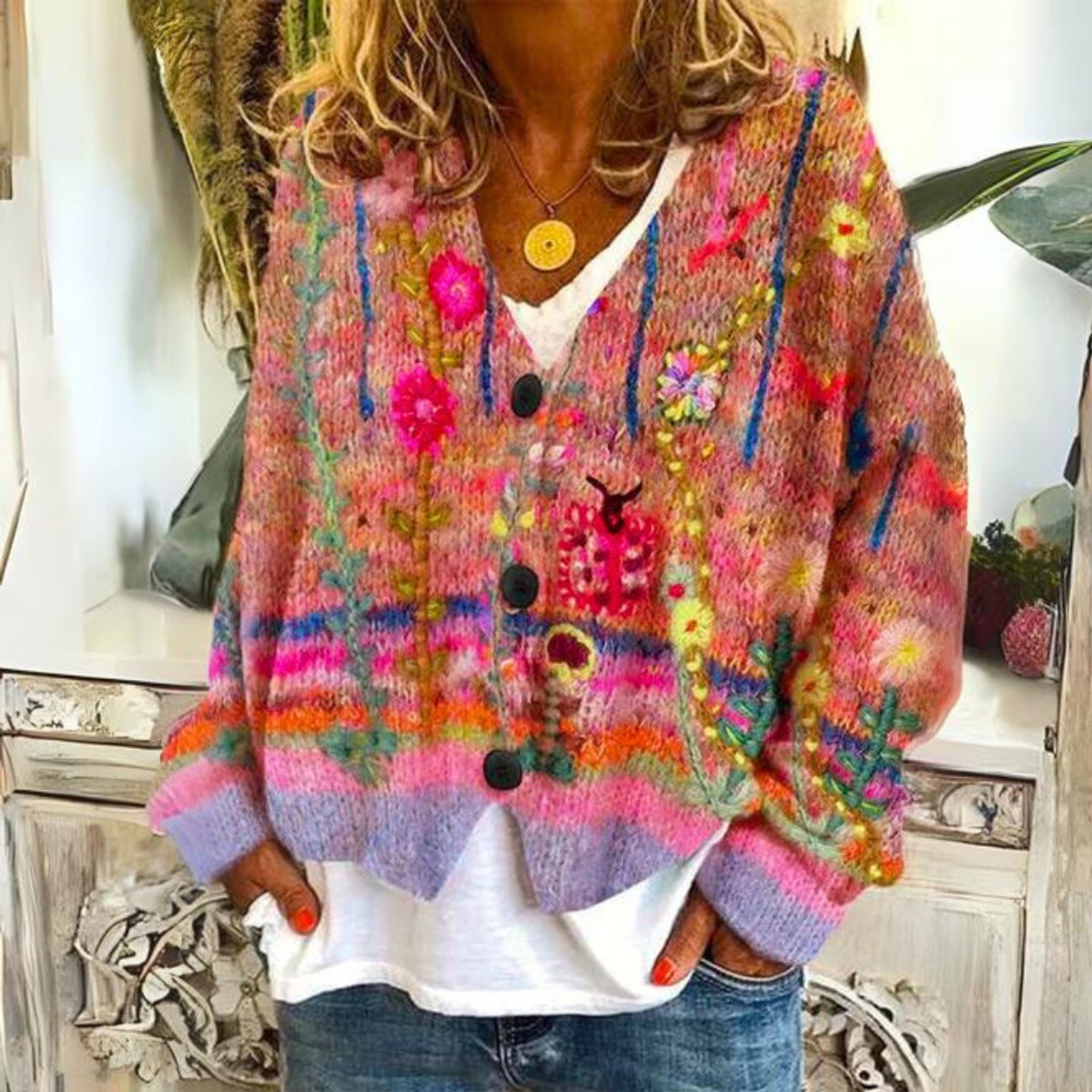 Elegant Cardigan for Women Floral-Embroidered Button-Front