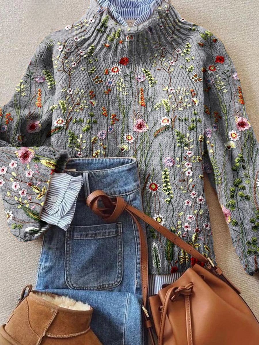 Stylish Turtleneck Sweater for Women Floral-Embroidered Relaxed-Fit