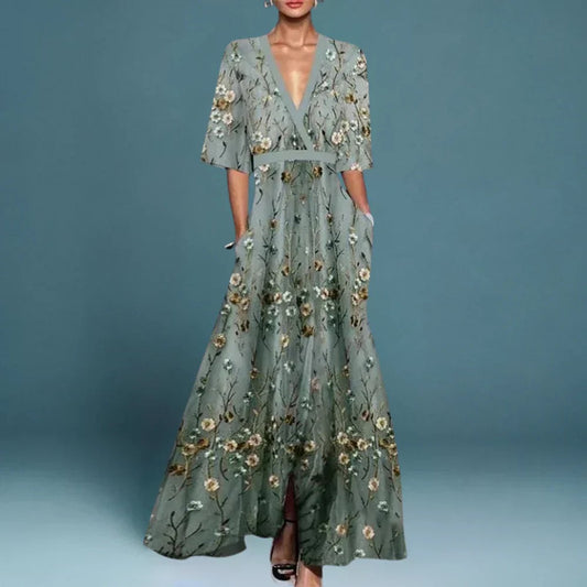 Elegant Maxi Dress for Women V-Neck Floral Embroidered