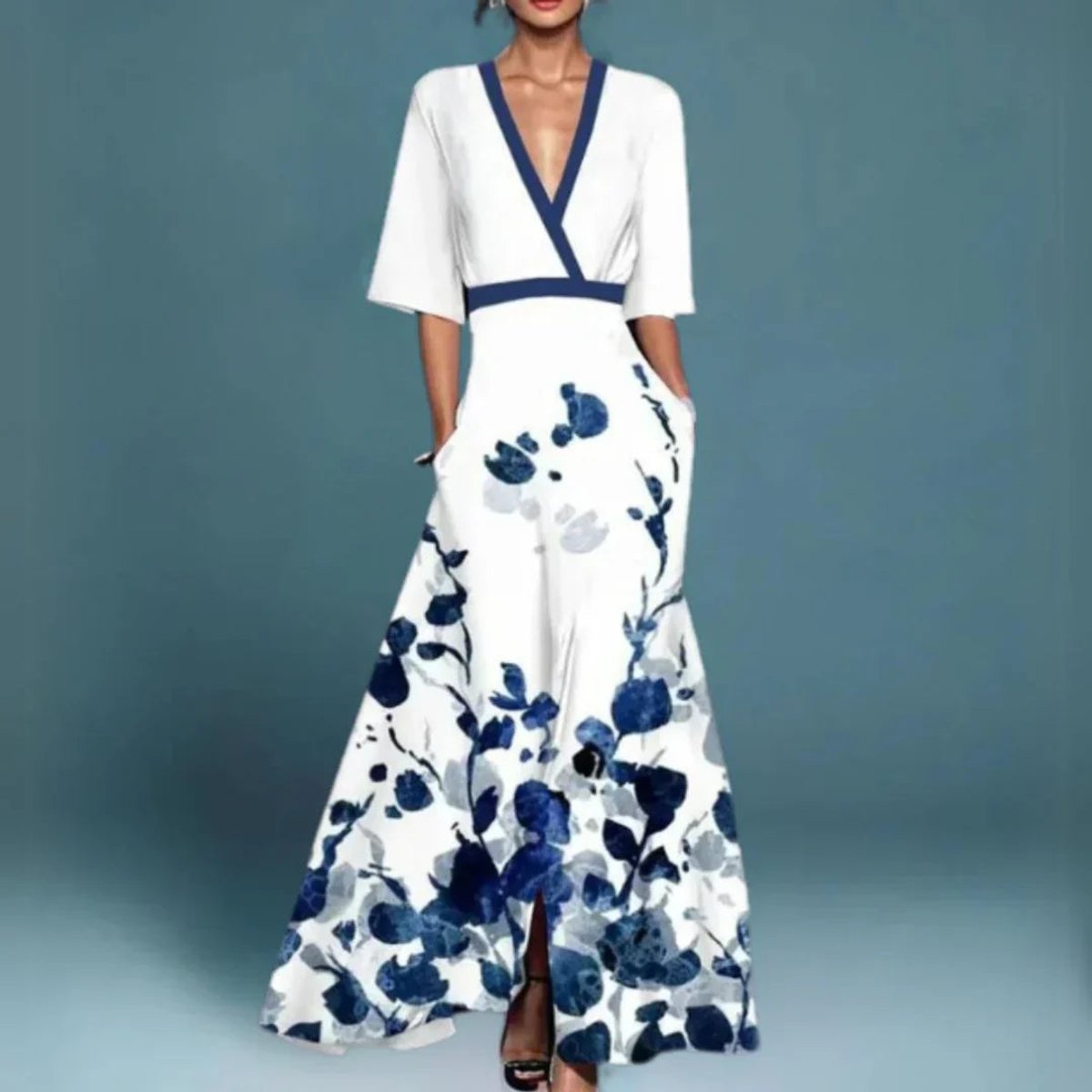 Elegant Maxi Dress for Women V-Neck Floral Embroidered