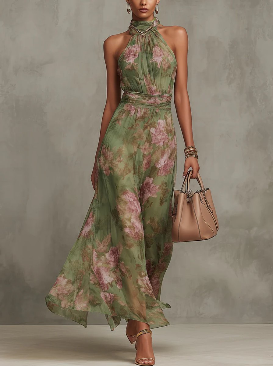 Elegant Maxi Dress for Women Halter Floral-Print