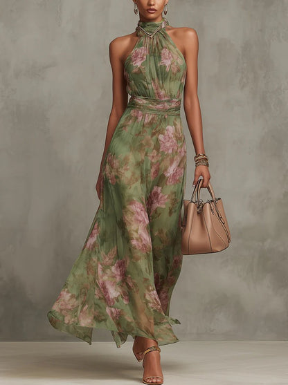 Elegant Maxi Dress for Women Halter Floral-Print