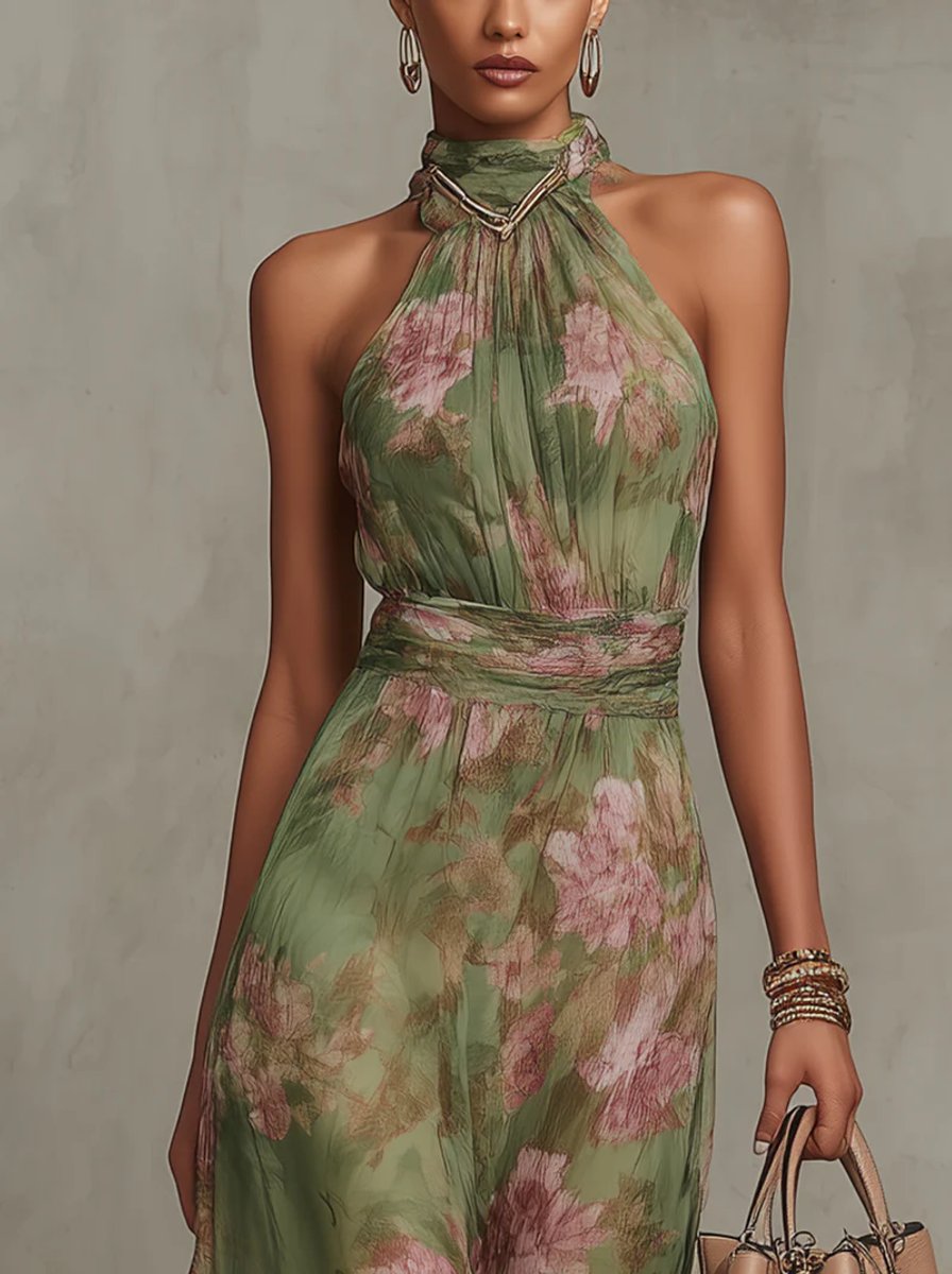 Elegant Maxi Dress for Women Halter Floral-Print