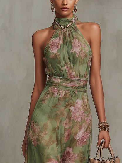 Elegant Maxi Dress for Women Halter Floral-Print