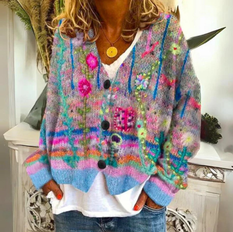 Effortless Floral Knit Cardigan for Women Button-Front Embroidered