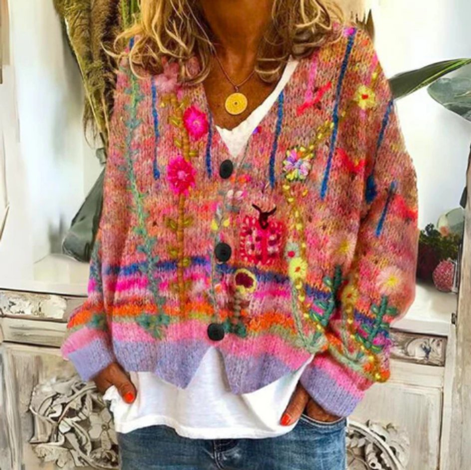 Effortless Floral Knit Cardigan for Women Button-Front Embroidered