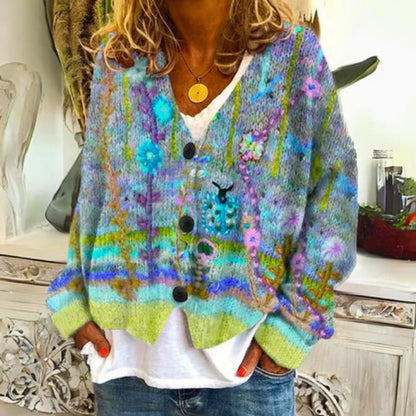 Effortless Floral Knit Cardigan for Women Button-Front Embroidered