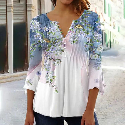 Effortless Blouse for Women Floral-Print Henley Long-Sleeve