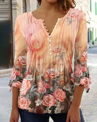 Effortless Blouse for Women Floral-Print Henley Long-Sleeve