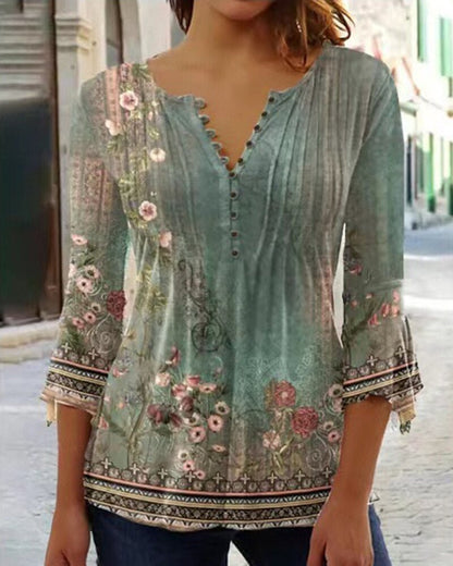 Effortless Blouse for Women Floral-Print Henley Long-Sleeve