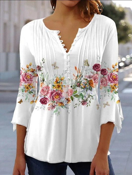 Effortless Blouse for Women Floral-Print Henley Long-Sleeve